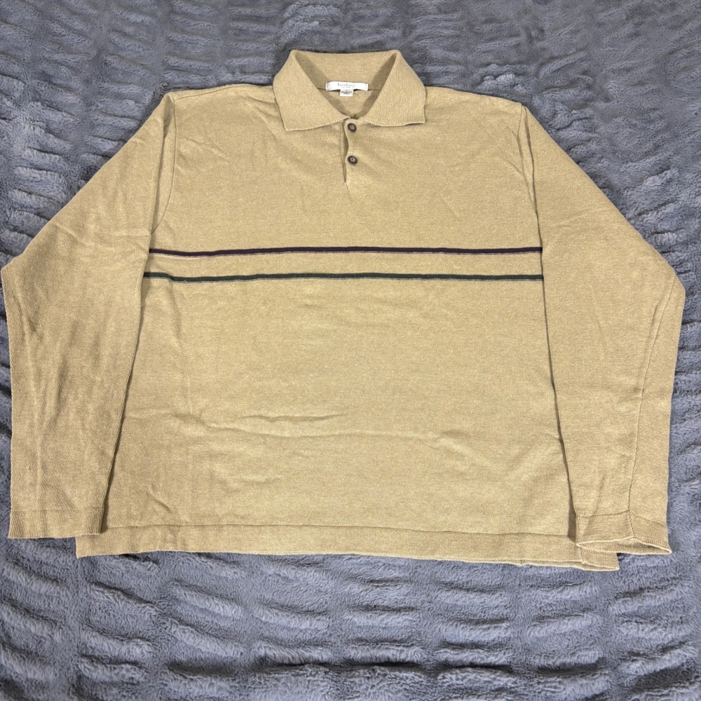 Turnbury Mens Large Tan Italian Cotton Blend Striped Long Sleeve Polo Sweater